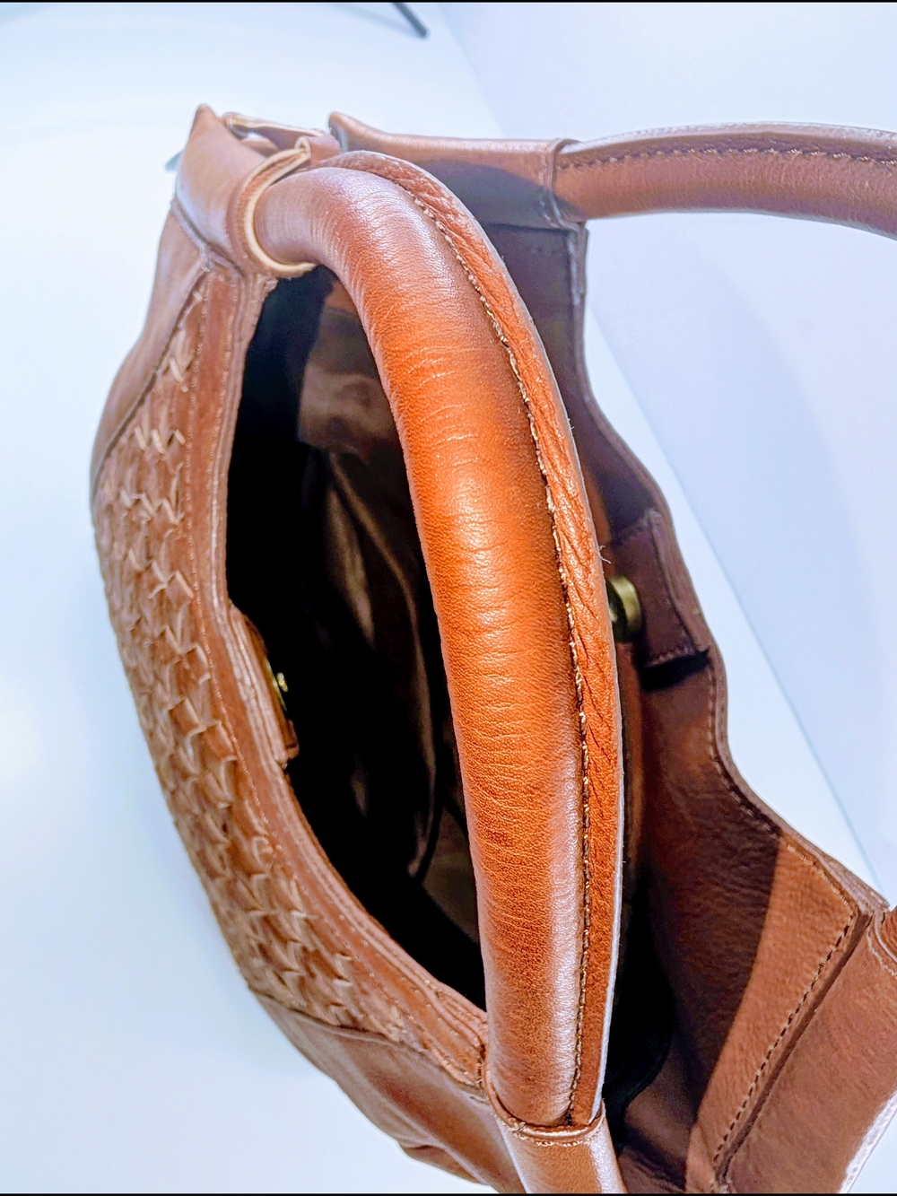 Born Millport Vintage Woven Leather Satchel / Bag, Purse Saddle Brown - Picture 7 of 10